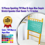 10 Pieces Sparkling Tiff Blue Or Aqua Blue Sequin Stretch Spandex Chair Bands 7 x 13 Inches