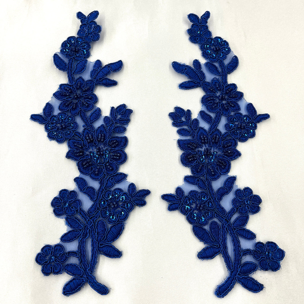1 Yard Beaded & Corded Floral Lace Applique Embroidered on 100% Polyester Net Mesh 10" X 2" Each Side