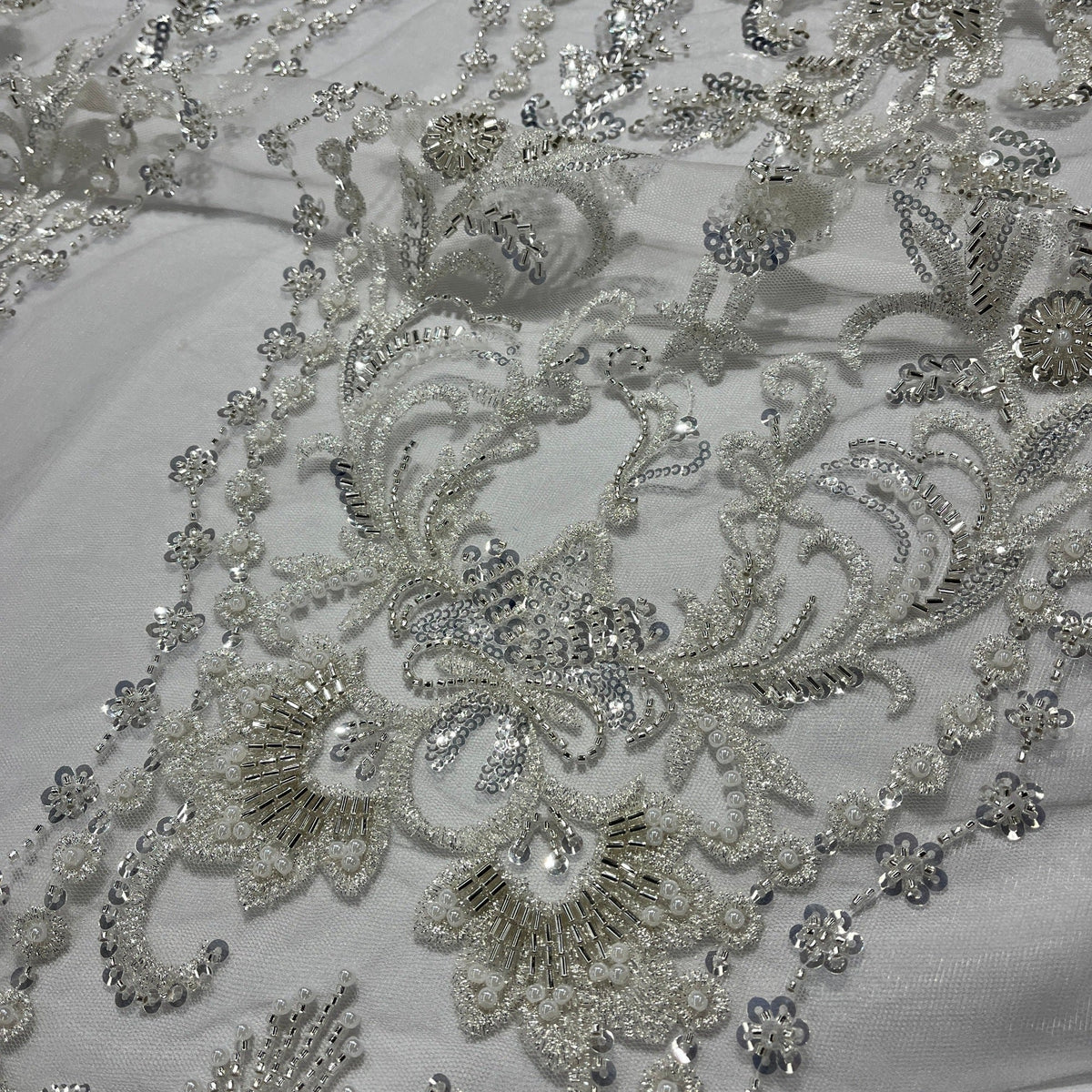 1 Yard Beaded Lace Embroidered 100% Polyester Net Sheer Bridal & Evening Dress Fabric