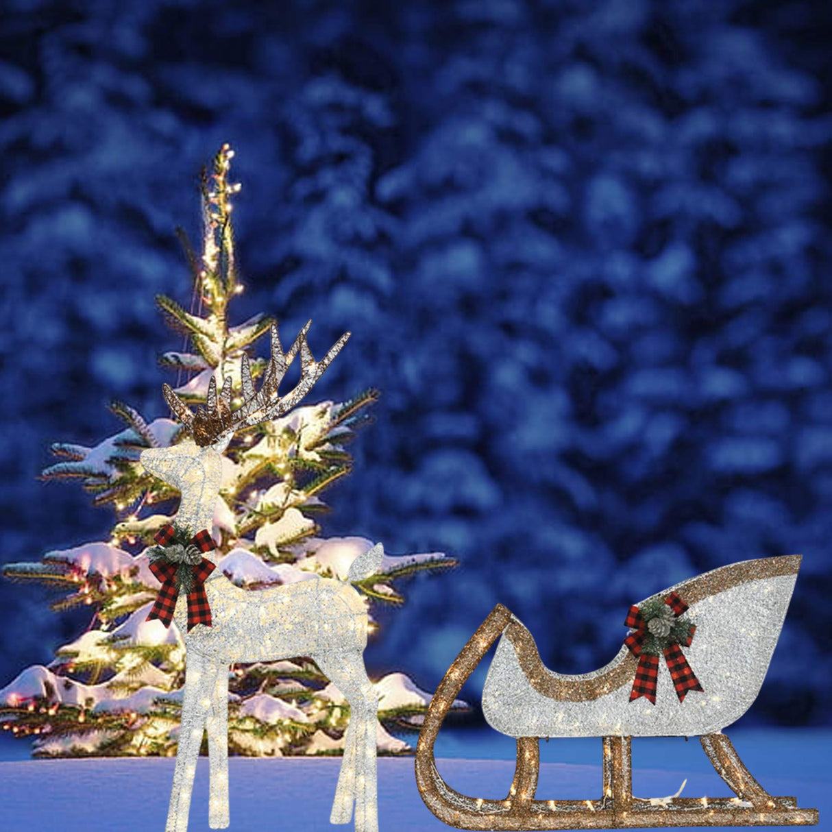 48" Lighted Silver Deer with 38" Sleigh Holiday Yard Decoration