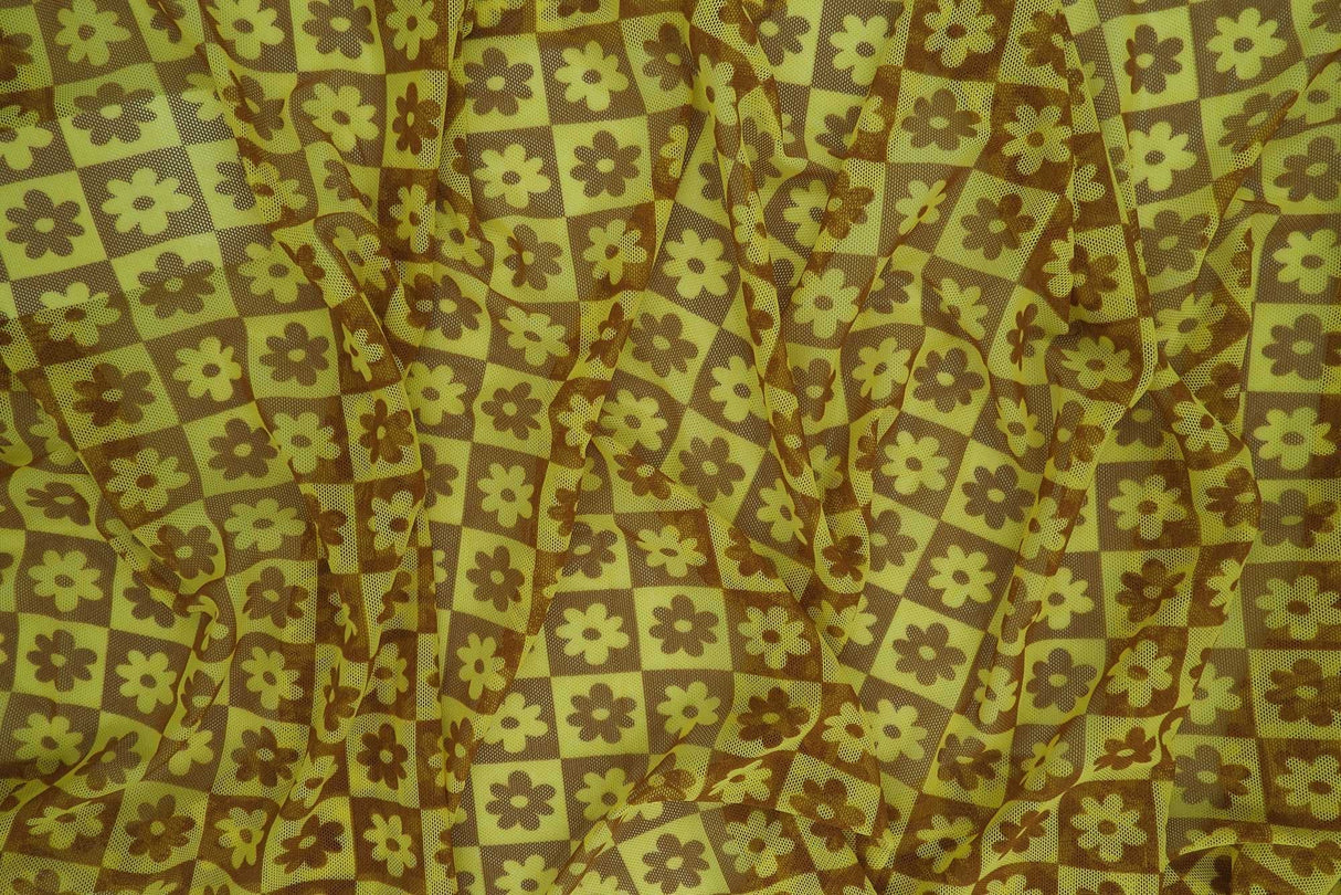 1 Yard Polyester Spandex Mesh Fabric Daisy Floral Flower Print Lightweight Soft Stretch 54" Width