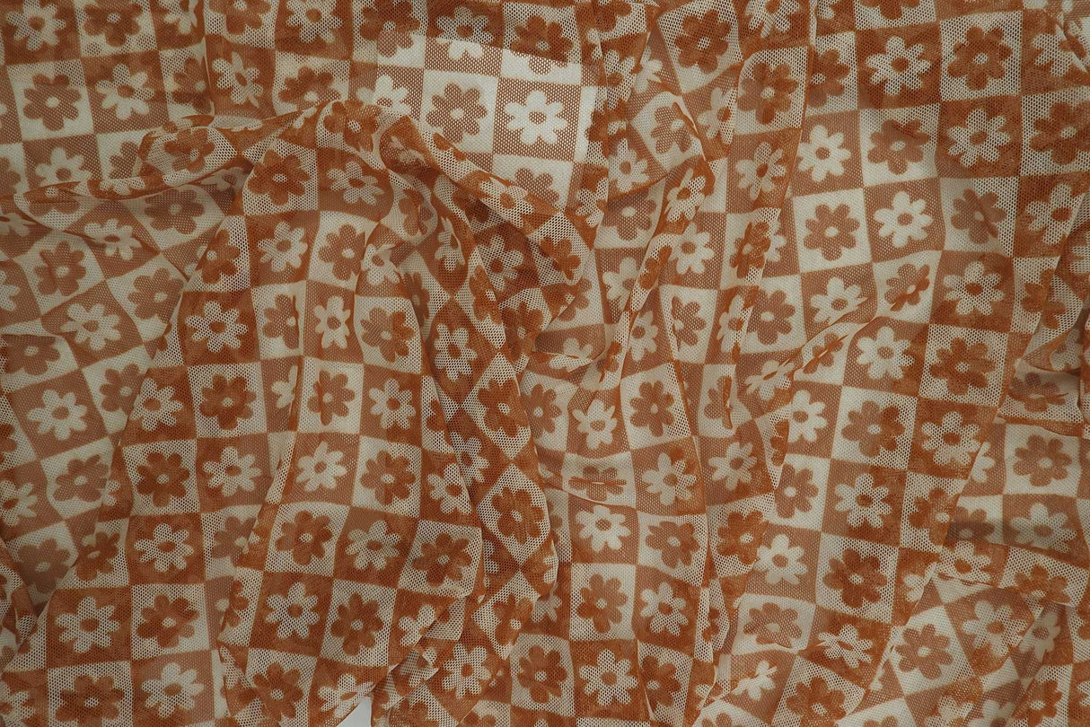 1 Yard Polyester Spandex Mesh Fabric Daisy Floral Flower Print Lightweight Soft Stretch 54" Width