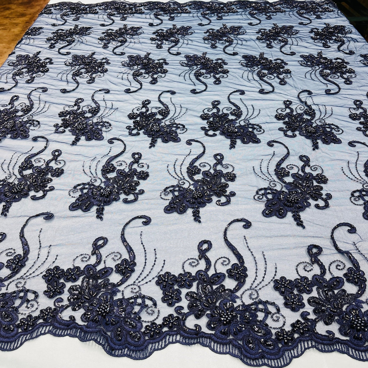 1 Yard Luxury Beaded and Corded Lace Fabric on Soft Polyester Net Mesh 54" Width