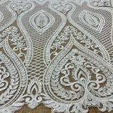 1 Yard Luxurious Beaded & Corded Bridal Lace Fabric Embroidered on Polyester Net Mesh 52” Wide