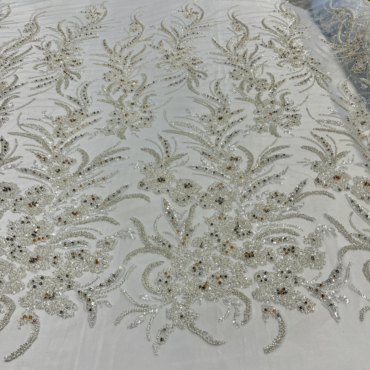 1 Yard Light Blue Beaded Lace Embroidered Fabric, Polyester Net Mesh, 50” Wide