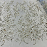 1 Yard Light Blue Beaded Lace Embroidered Fabric, Polyester Net Mesh, 50” Wide