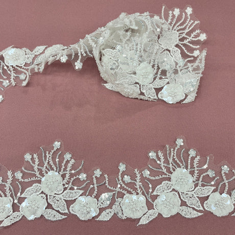 1 Yard Embroidered on 100% Polyester Net Mesh 4? Wide Beaded & Corded Floral Lace Trimming