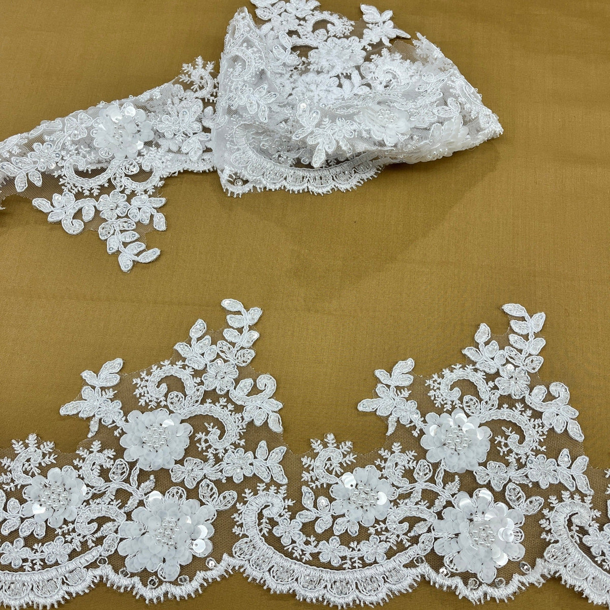 1 Yard Elegant Beaded & Corded Floral Lace Trimming on 100% Polyester Net Mesh