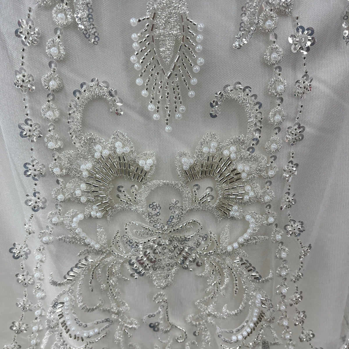 1 Yard Beaded Lace Embroidered 100% Polyester Net Sheer Bridal & Evening Dress Fabric