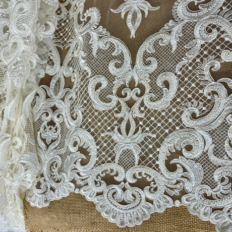 1 Yard Beaded & Corded Bridal Lace Fabric Embroidered on Polyester Net Mesh 53" Wide
