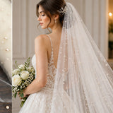 Nylon Stretch Net Mesh Fabric with Scattered Faux Pearls 60 Inch