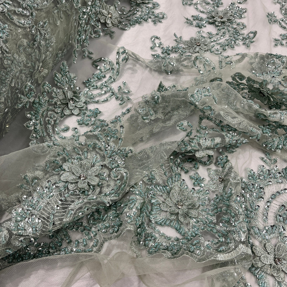 1 Yard Beaded 3D Floral Lace Fabric Embroidered on Polyester Net Mesh, Premium Embroidery Lace Fabric