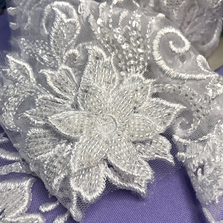 1 Yard Beaded 3D Floral Lace Trimming Embroidered on 100% Polyester Net Mesh 4" Wide