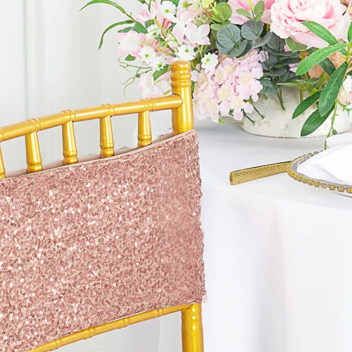 10 Pieces Elegant Blush Pink Or Rose Gold Sequin Stretch Spandex Chair Bands 7 x 13 Inches