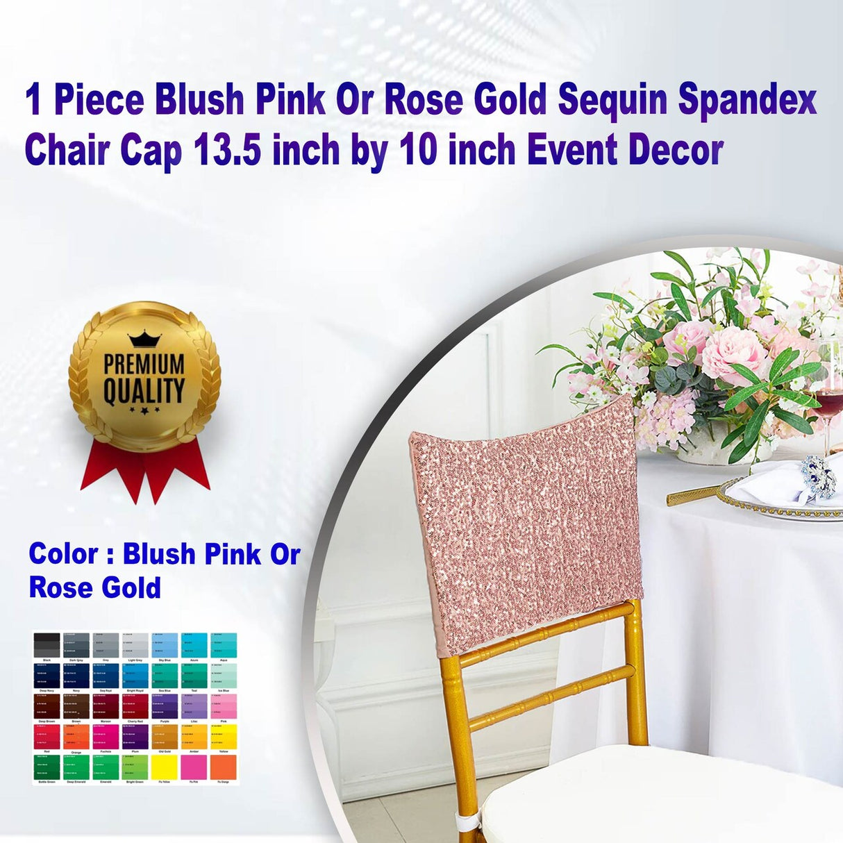 1 Piece Blush Pink Or Rose Gold Sequin Spandex Chair Cap 13.5 inch by 10 inch Event Decor