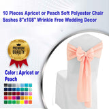 10 Pieces Apricot Peach Soft Polyester Chair Sashes 8"x108" Wrinkle Free Wedding Decor