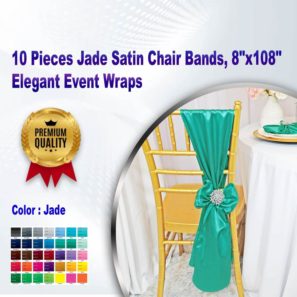 10 Pieces Jade Satin Chair Bands, 8"x108" Elegant Event Wraps