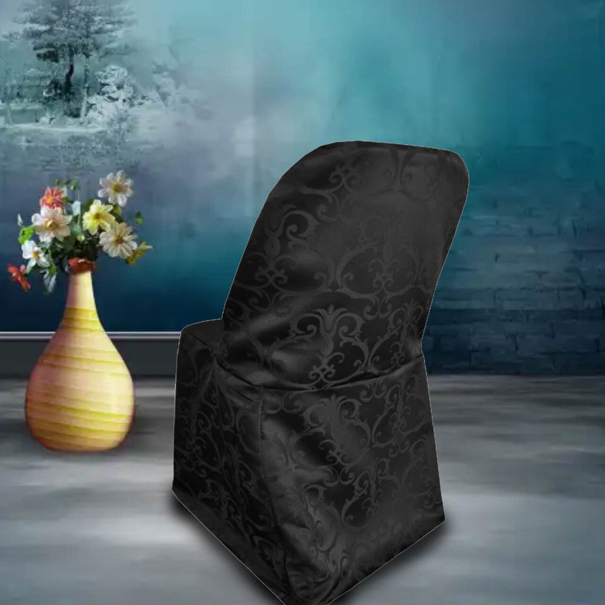 1 Piece Black Damask Jacquard Folding Chair Cover for Formal Event Seating
