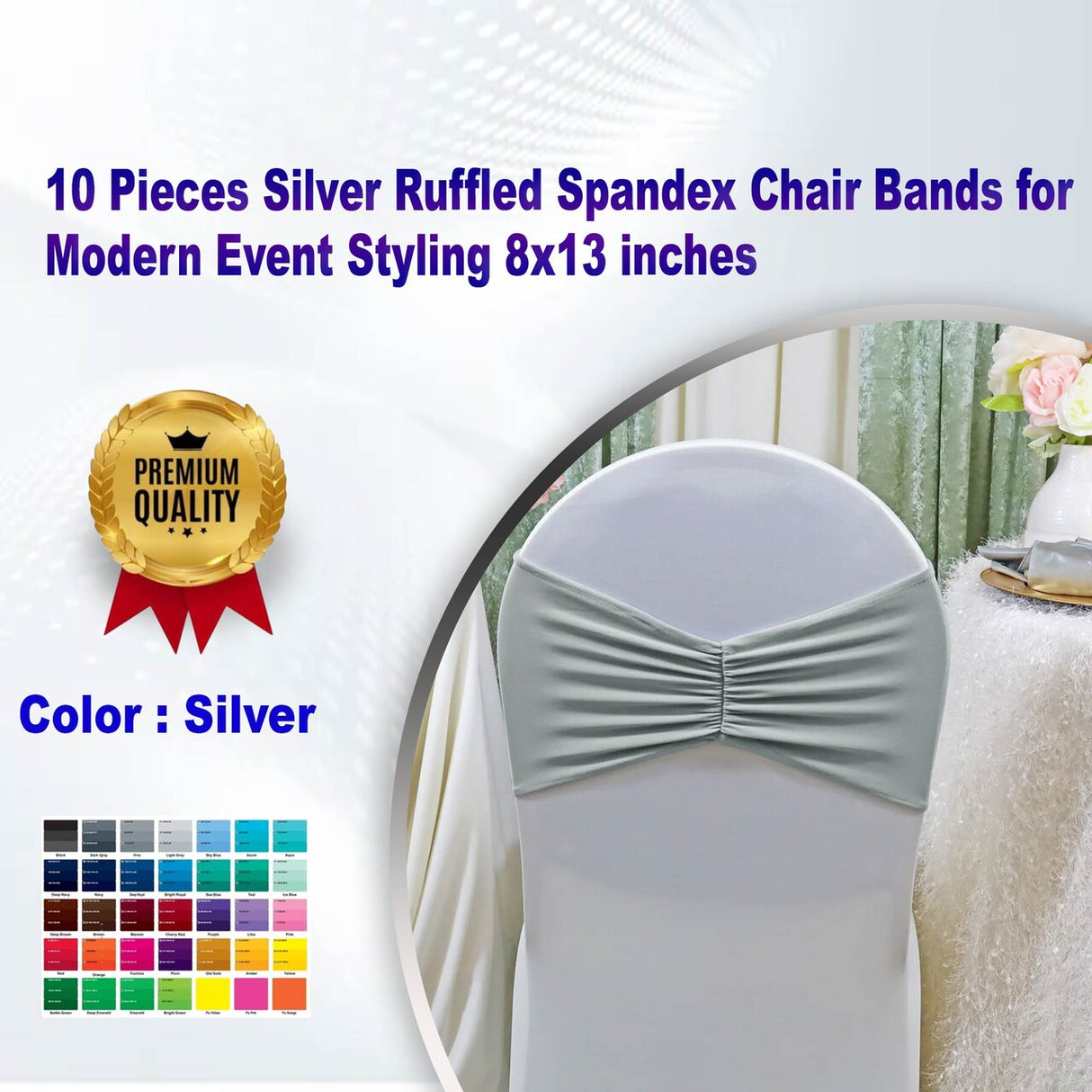 10 Pieces Silver Ruffled Spandex Chair Bands for Modern Event Styling 8x13 inches