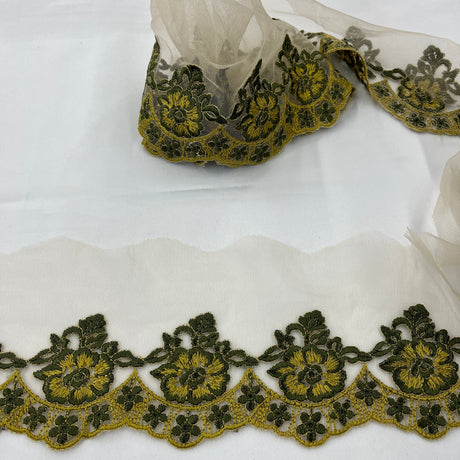 1 Yard Colorful Floral Lace Trimming on Net Mesh | 2.75" Wide | Handmade Embroidered Trim for Dresses & Costumes