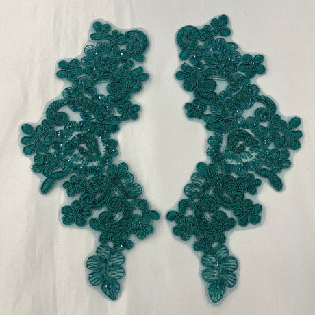 1 Pair 9" x 3" Each Side Beaded & Corded Floral Lace Applique Organza