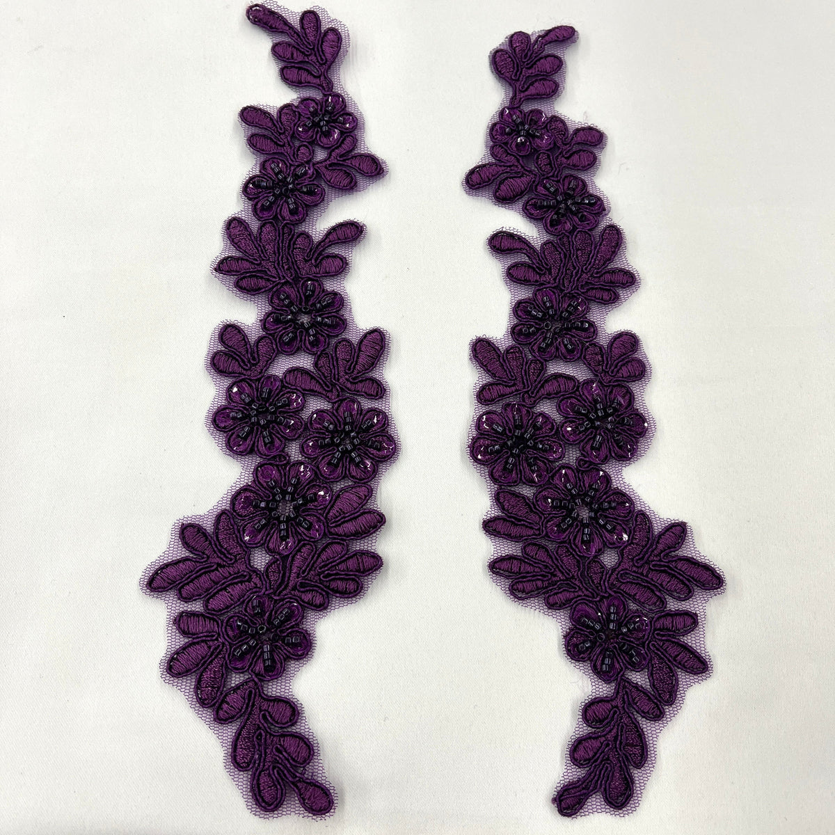 1 Yard Beaded and Corded Floral Lace Applique Embroidered on 100% Polyester Net Mesh 9.5" x 2" Each Side