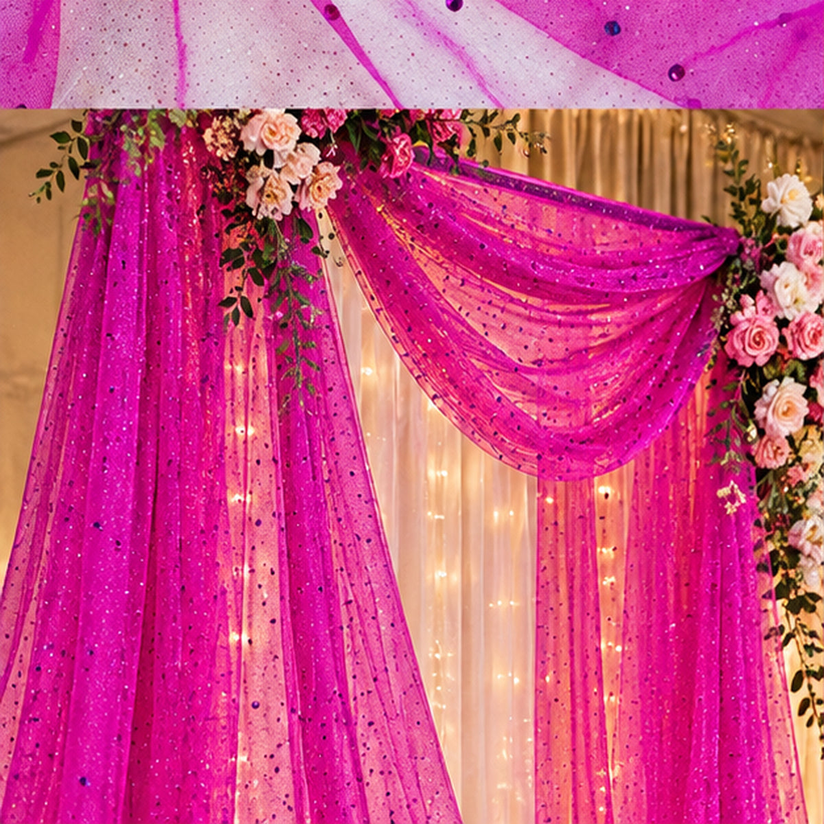 Glitter Mesh Fabric with Scattered Rhinestones 2 Way Stretch