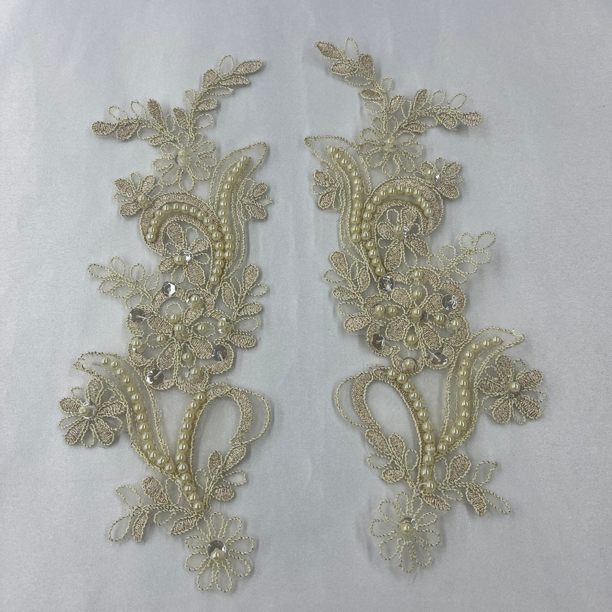 1 Pair Beaded & Corded Floral Lace Applique 9" x 2.5" Each Side