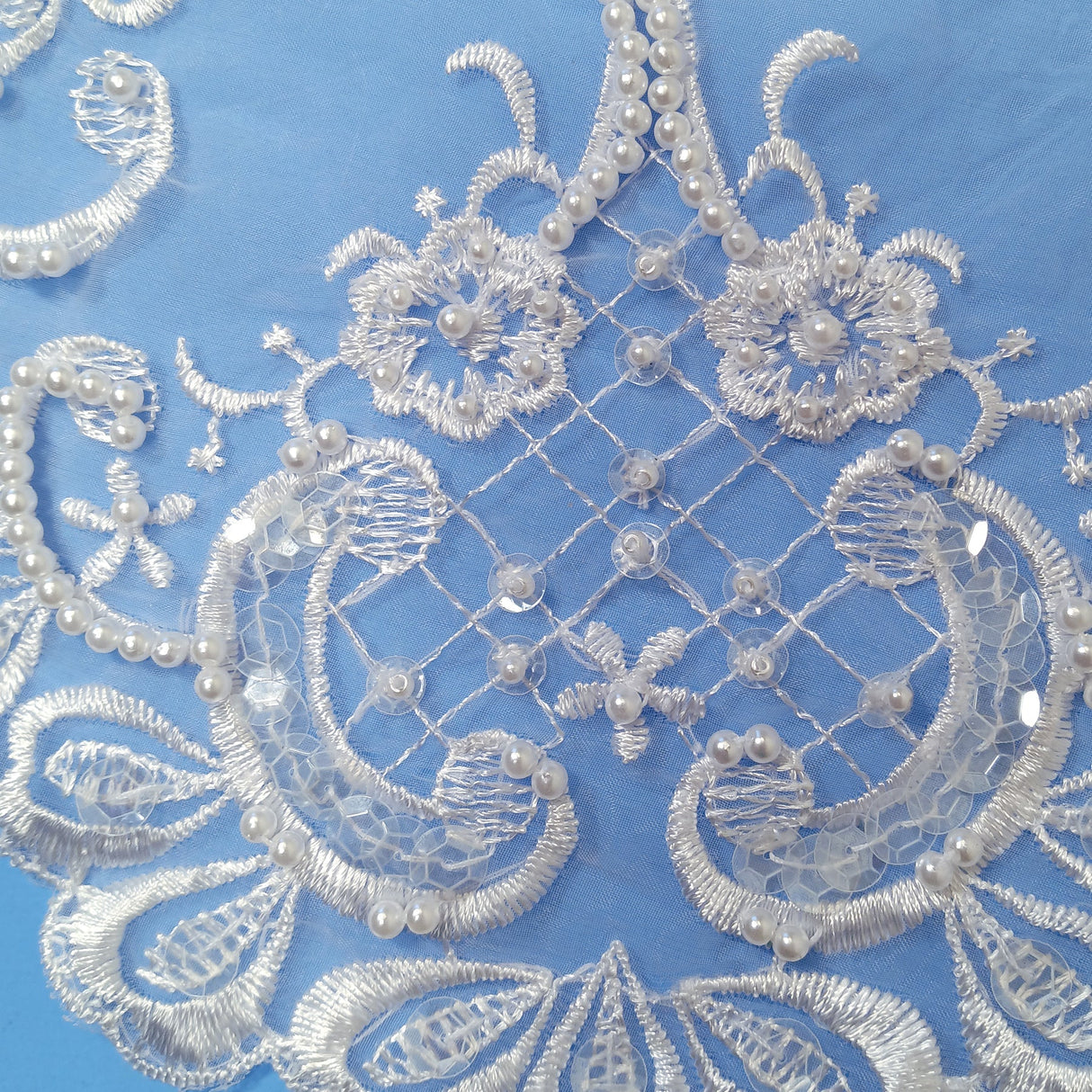 Beaded Lace Applique Embroidered on 100% Polyester Net Mesh 16" x 3.5"