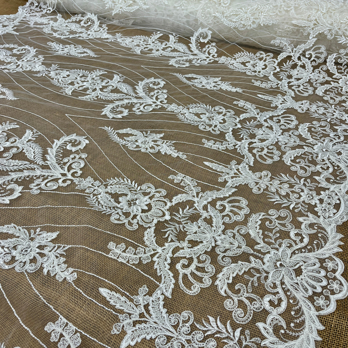 1 Yard Elegant Beaded & Corded Embroidered Bridal Lace on Polyester Mesh, GD-55519