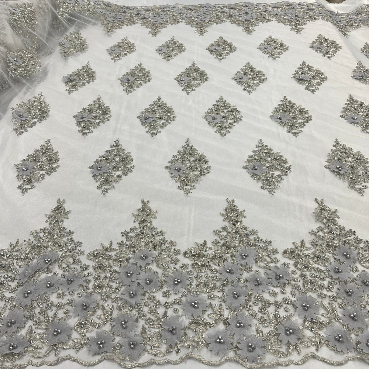 1 Yard Beaded 3D Floral Lace Fabric Embroidered on 100% Polyester Net Mesh 52" Width