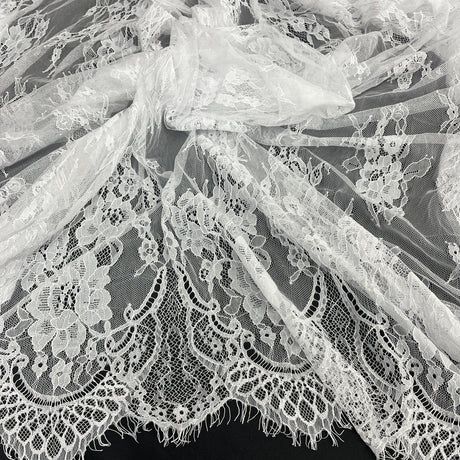 1 Yard Chantilly Embroidered Lace Fabric with Eyelash Scallop, 58" Wide French Alençon Lace for Bridal & Evening Dresses