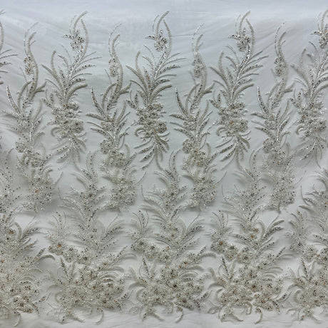 1 Yard Beaded Lace Fabric on 100% Polyester Net Mesh, Elegant Embroidered Textile