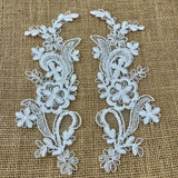 1 Pair Beaded & Corded Floral Lace Applique 9" x 2.5" Each Side