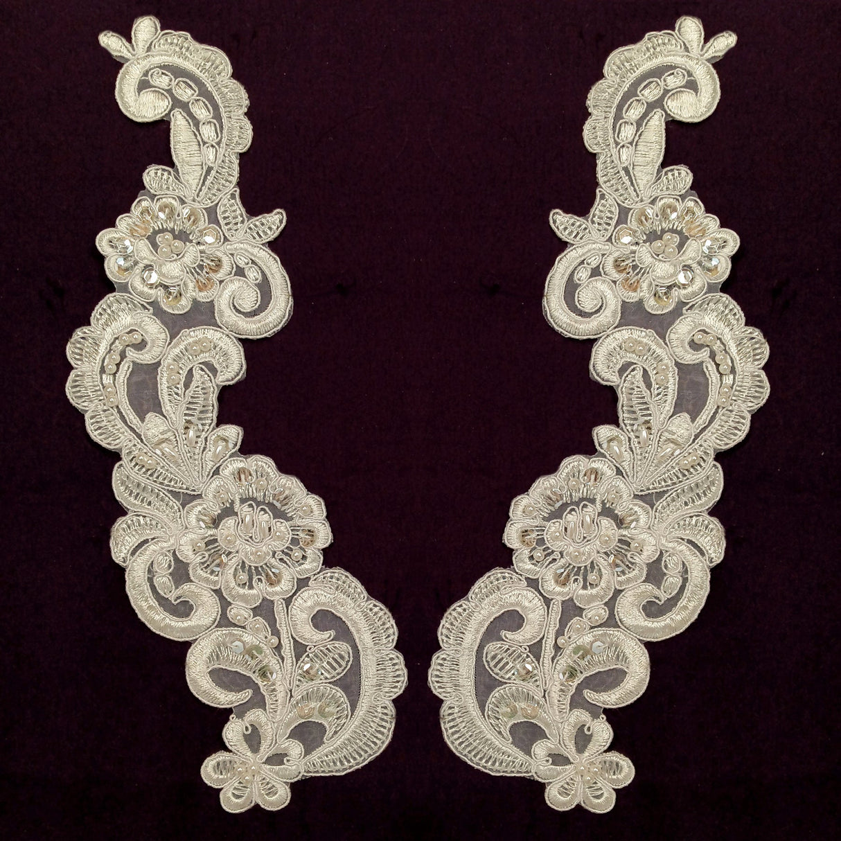1 Pair Beaded & Corded Floral Lace Applique 11" x 3" Each Side