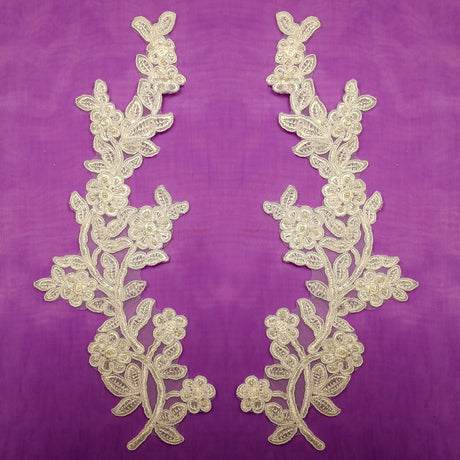 1 Pair Beaded & Corded Floral Lace Applique Embroidered on 100% Polyester Mesh 10" x 3" Each Side