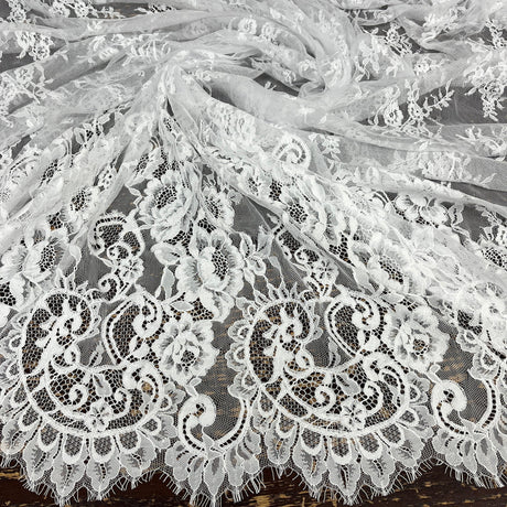 1 Yard Chantilly Embroidered Lace Fabric with Eyelash Scallop, 58" Wide French Alençon Lace for Bridal & Evening Wear
