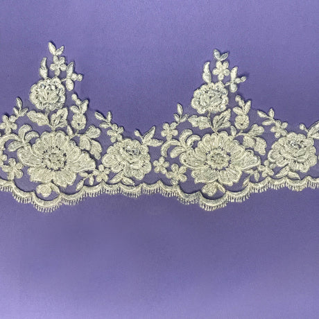 1 Yard Embroidered on 100% Polyester Net Mesh 6? Wide Beaded & Corded Floral Lace Trimming