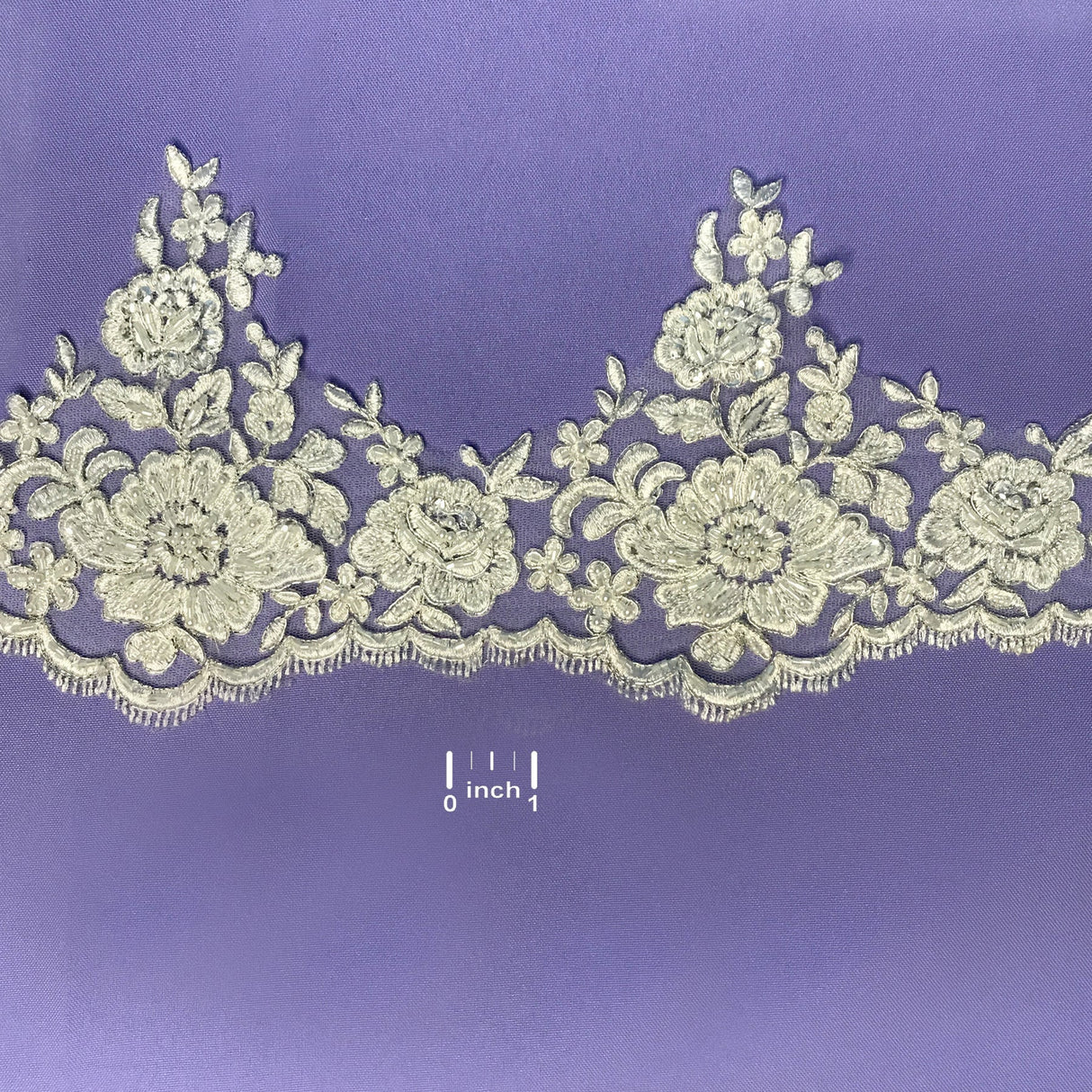 1 Yard Embroidered on 100% Polyester Net Mesh 6? Wide Beaded & Corded Floral Lace Trimming