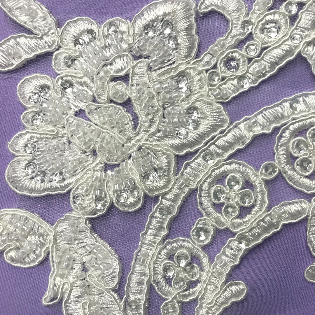 1 Pair 20" x 5.5" Beaded & Corded Floral Lace Applique on 100% Polyester Mesh