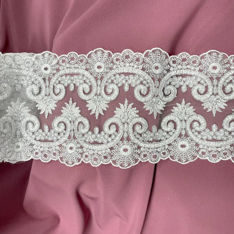 1 Yard Corded Double Sided Lace Trimming Embroidered on 100% Polyester Net Mesh 6.5″ Wide