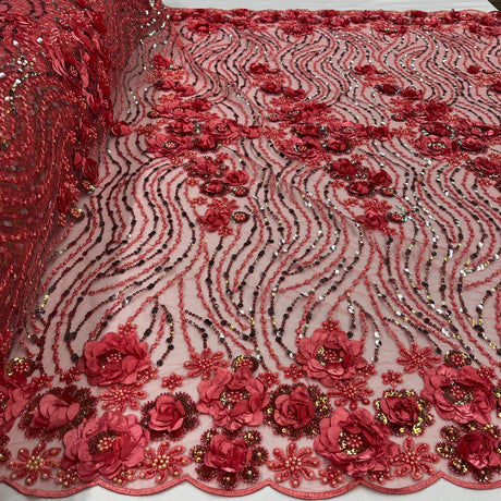 1 Yard Yellow 3D Floral Beaded & Sequined Lace Fabric, Embroidered Sparkling Mesh, 52" Wide, Polyester