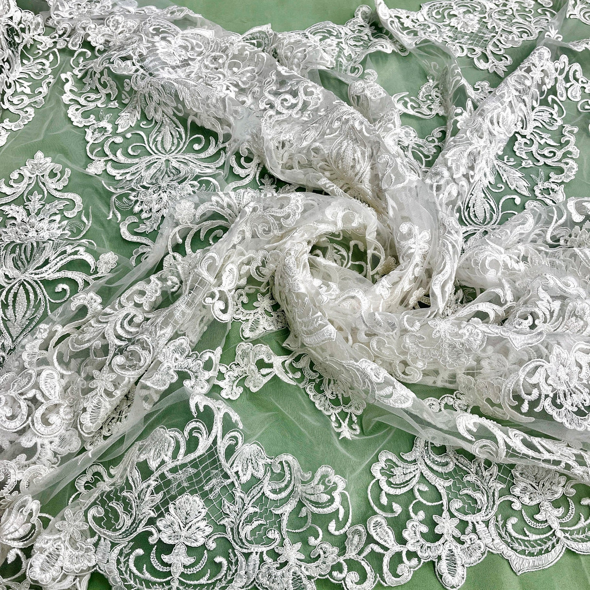 1 Yard Ivory Beaded & Corded Lace Fabric on Polyester Mesh, 51" Wide Embroidered Net Lace for Apparel & Decor