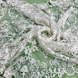 1 Yard Ivory Beaded & Corded Lace Fabric on Polyester Mesh, 51" Wide Embroidered Net Lace for Apparel & Decor