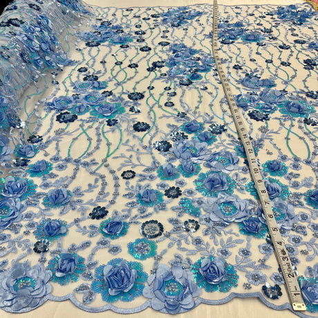 1 Yard Dazzling Yellow Beaded Sequined 3D Floral Lace Fabric on Net Mesh 52 inch Width