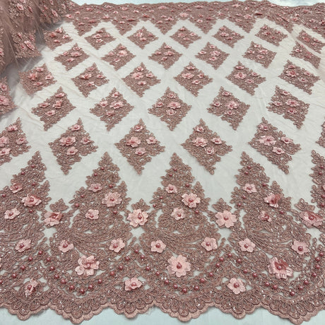 1 Yard Wine Beaded 3D Floral Lace Fabric Embroidered Polyester Net Mesh 51 Inch Width