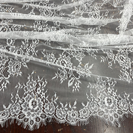 1 Yard Chantilly Embroidered Lace Fabric with Eyelash Scallop, 58" Wide French Alençon Lace for Bridal & Evening Dresses