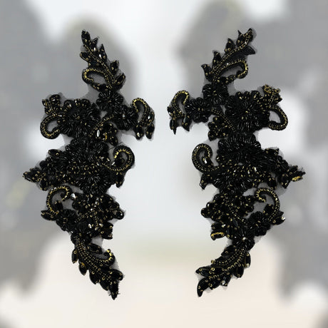 1 Pair 12" x 5" Each Side Crystal Rhinestone Beaded & Corded Lace 100% Polyester
