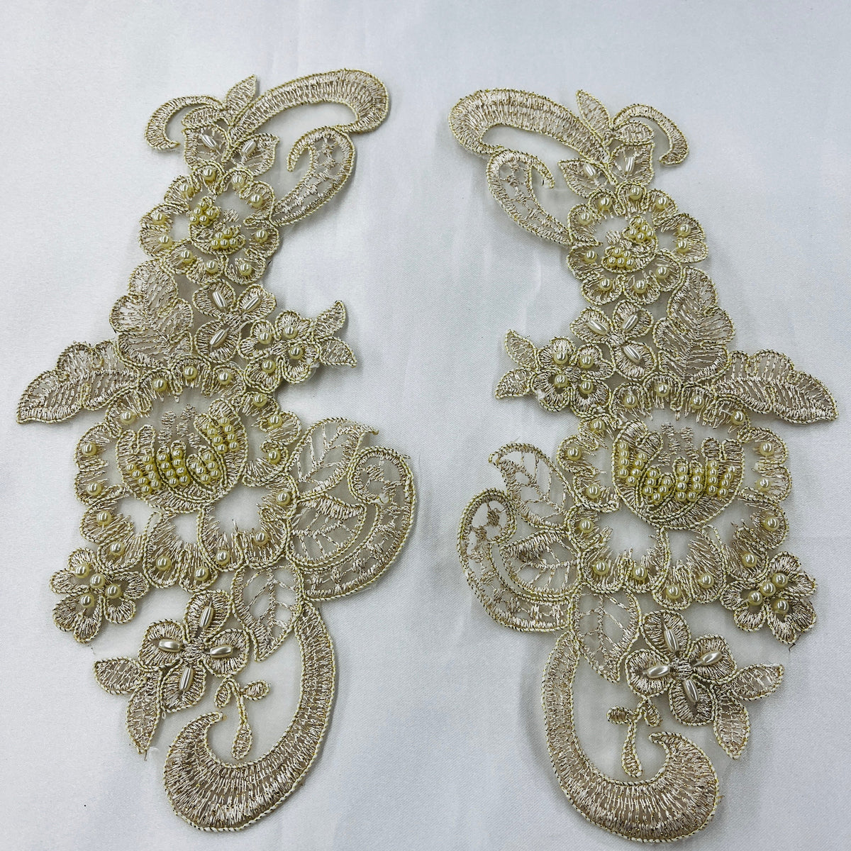 1 Yard Beaded Corded Floral Lace Applique on Sheer Polyester Organza, Embroidered Fabric for Dresses & Gowns
