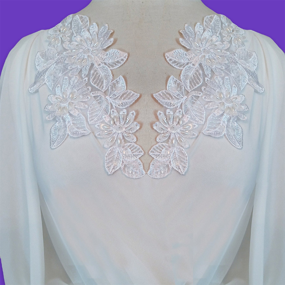 1 Pair Beaded Lace Applique Embroidered on 100% Polyester Organza 8.75" x 4.25" Each Side